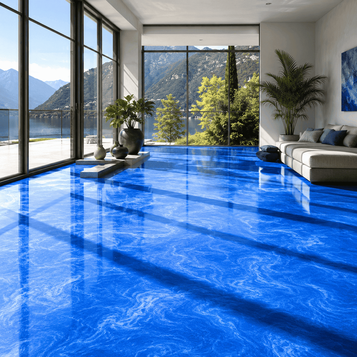 Blauer Metallic-Epoxidharz-Boden mit intensiver Marmorstruktur und hochglänzender Oberfläche im modernen Wohnbereich
