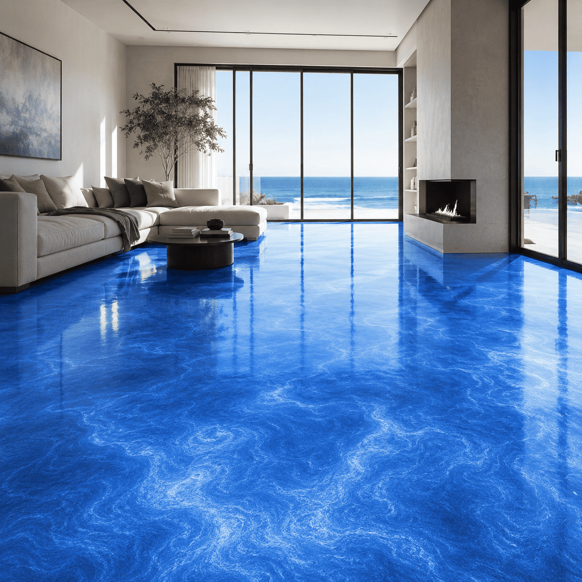 Blauer Metallic-Epoxidharz-Boden mit lebendiger Marmorstruktur und hochglänzender Oberfläche im modernen Wohnzimmer mit Meerblick