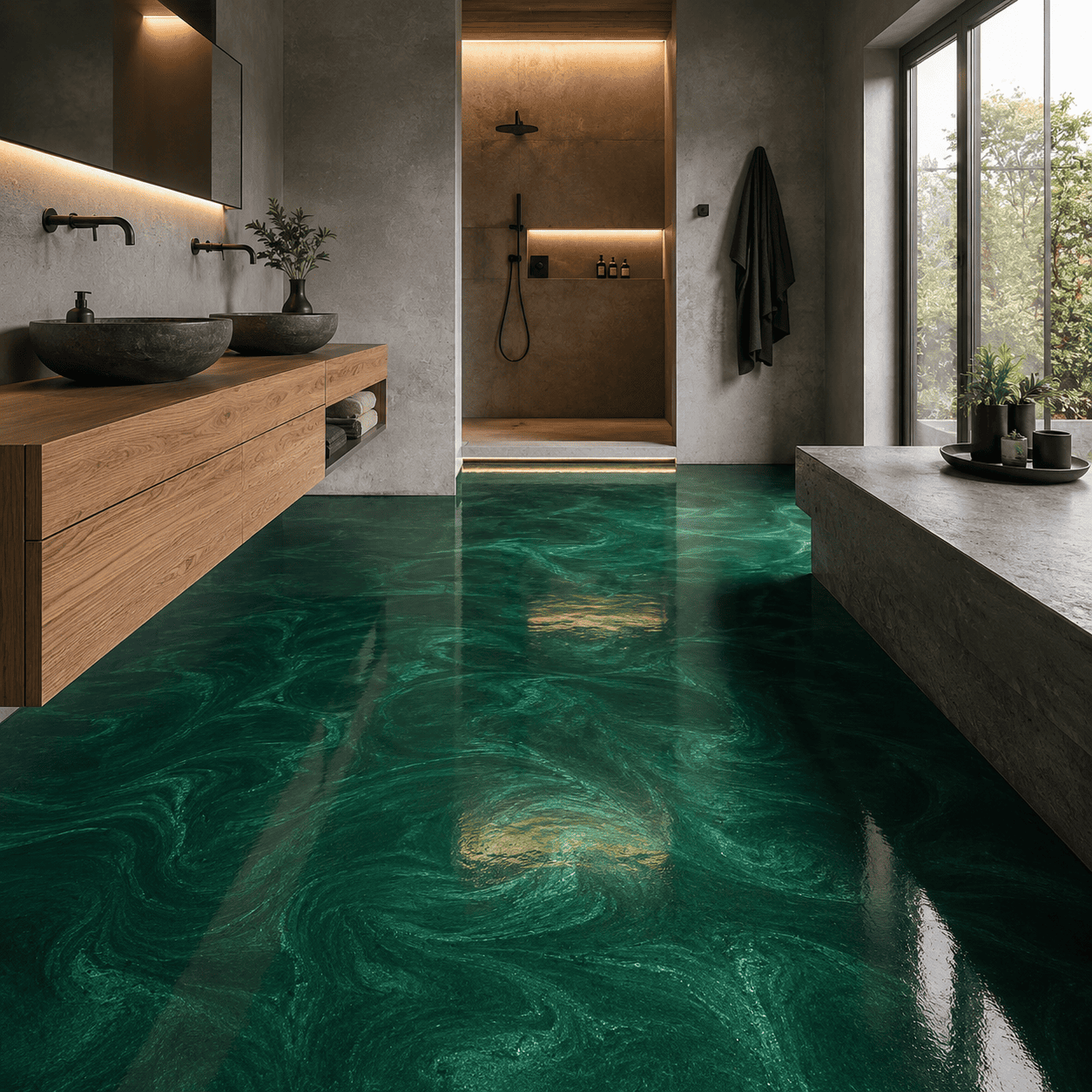 Badezimmer mit einem dunkelgrünen Boden