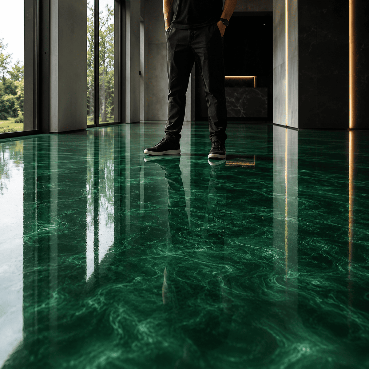 Deep Green UV Metallic-Epoxidharz-Boden mit luxuriöser Marmorstruktur, intensivem Perleffekt, hochglänzender Oberfläche und beeindruckender Spiegelreflexion im modernen Innenraum.