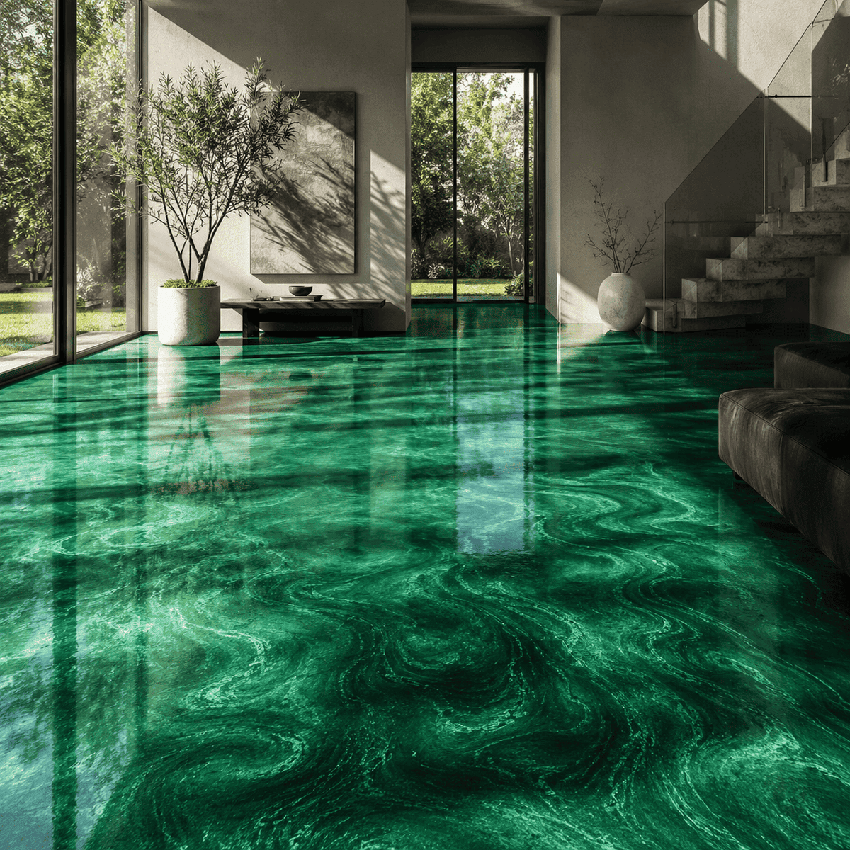 Deep Green UV Metallic-Epoxidharz-Boden mit luxuriöser Marmorstruktur, intensivem Perleffekt, hochglänzender Oberfläche und beeindruckender Spiegelreflexion im exklusiven modernen Wohnbereich.