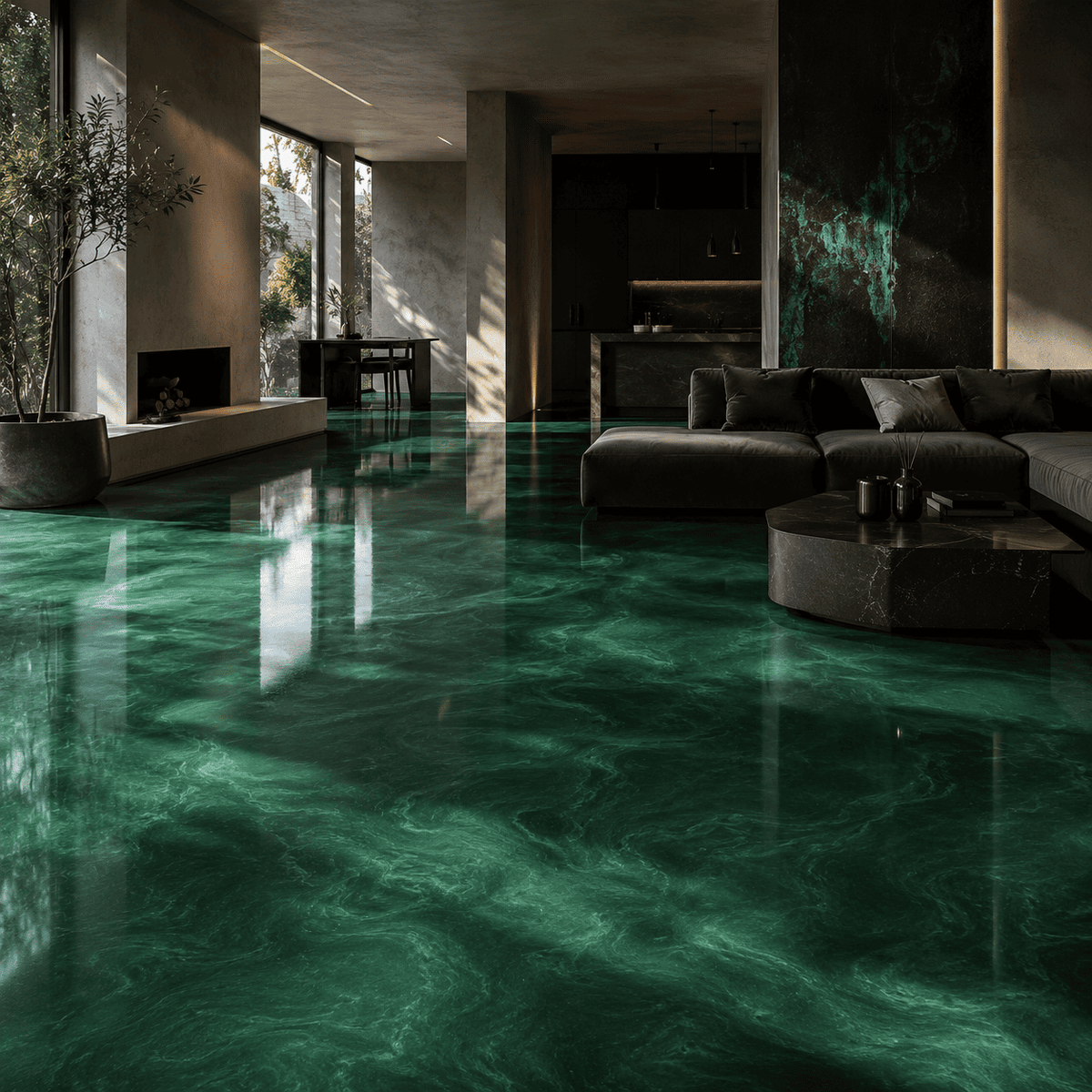 Deep Green UV Metallic-Epoxidharz-Boden mit luxuriöser Marmorstruktur, intensivem Perleffekt, hochglänzender Oberfläche und beeindruckender Spiegelreflexion im exklusiven modernen Wohnbereich.
