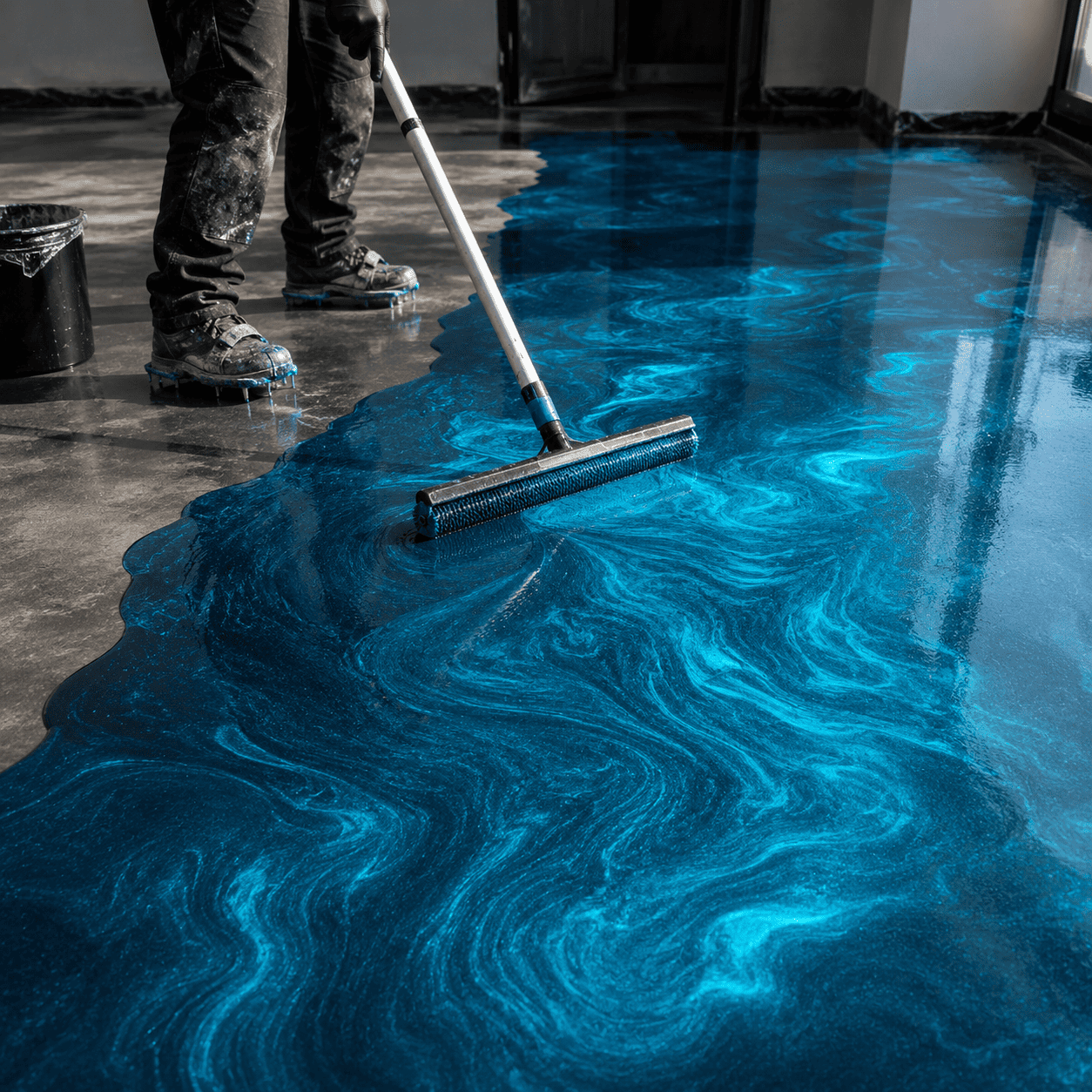 Ein Mann streicht einen Beton Boden in tiefblauer Farbe mit einem Farbroller
