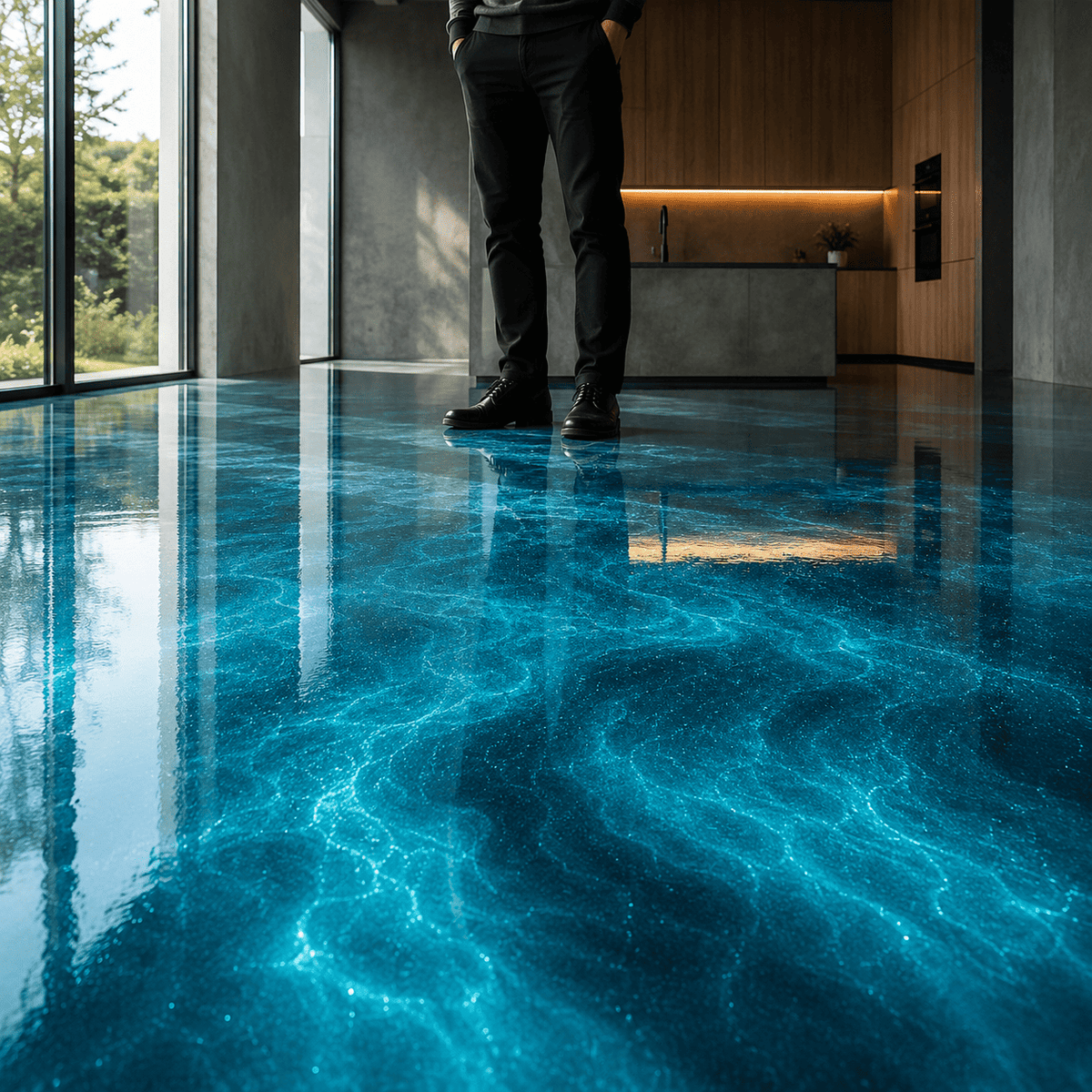 Deep-Ocean-UV Metallic-Epoxidharz-Boden mit intensiver Tiefenwirkung, leuchtender Marmorstruktur, brillantem Perleffekt, hochglänzender Oberfläche und beeindruckender Spiegelreflexion im modernen Innenraum.