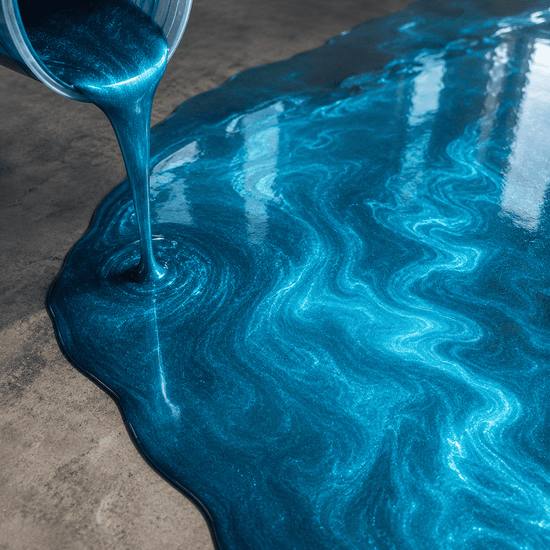 Tiefblau gefärbtes Harz wird aus einem Eimer auf einen Beton Boden gegossen