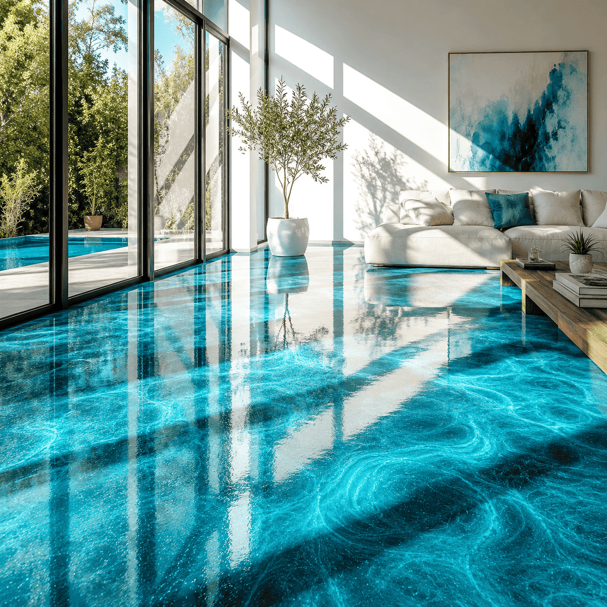Deep-Ocean-UV Metallic-Epoxidharz-Boden mit luxuriöser Marmorstruktur, intensivem Perleffekt, hochglänzender Oberfläche und beeindruckender Spiegelreflexion im lichtdurchfluteten modernen Wohnbereich.