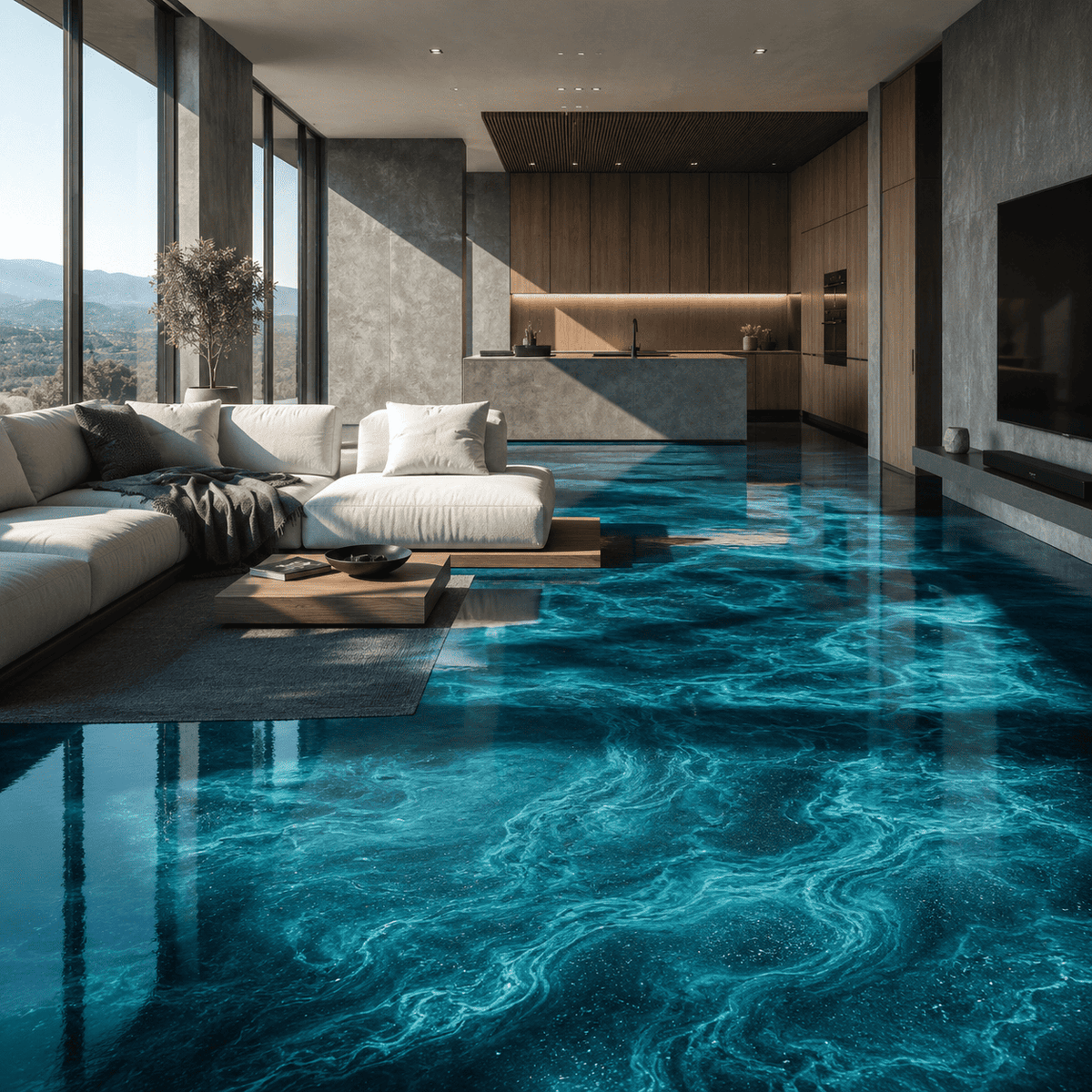 Deep-Ocean-UV Metallic-Epoxidharz-Boden mit intensiver Tiefenwirkung, leuchtender Marmorstruktur, brillantem Perleffekt und hochglänzender Spiegeloberfläche im modernen Wohnbereich.