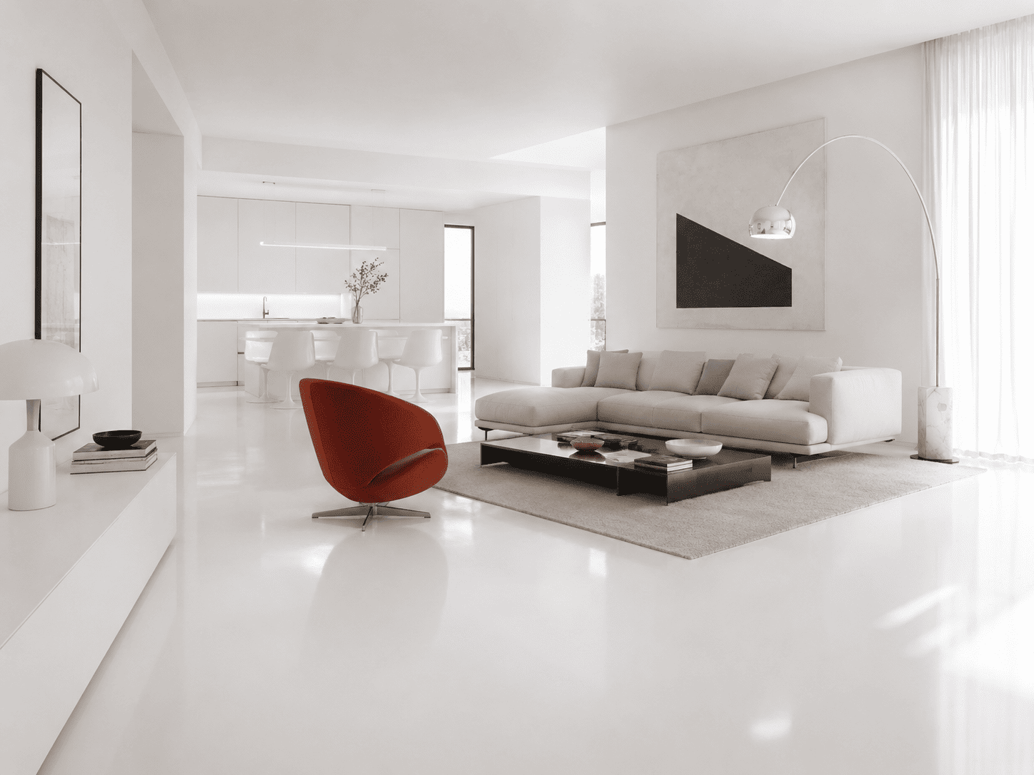 Heller Designer-Wohnraum mit fugenlosem weißem PU-Harzboden, moderner Einrichtung und hochwertiger, minimalistischer Optik.
