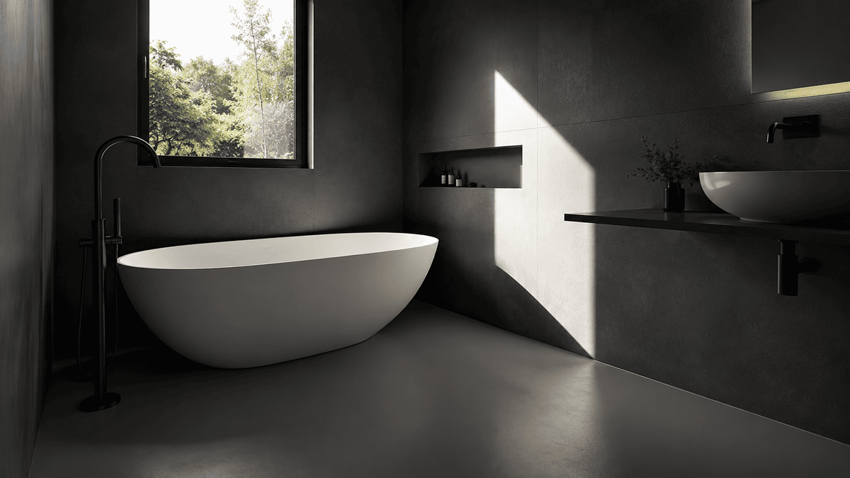 Dunkles Badezimmer mit fugenlosem Designboden in Anthrazit, freistehender Badewanne und minimalistischer schwarzer Einrichtung