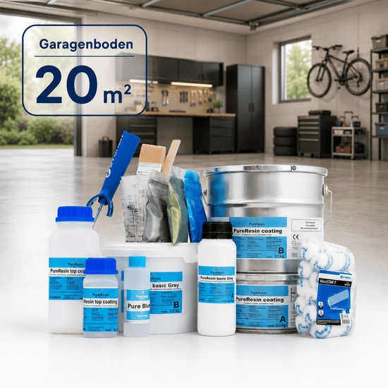 Komplettset für eine 20 m² Garage mit Epoxidharz, Pigmenten, Werkzeug und Zubehör. Im Hintergrund ist eine moderne Garage zu sehen.
