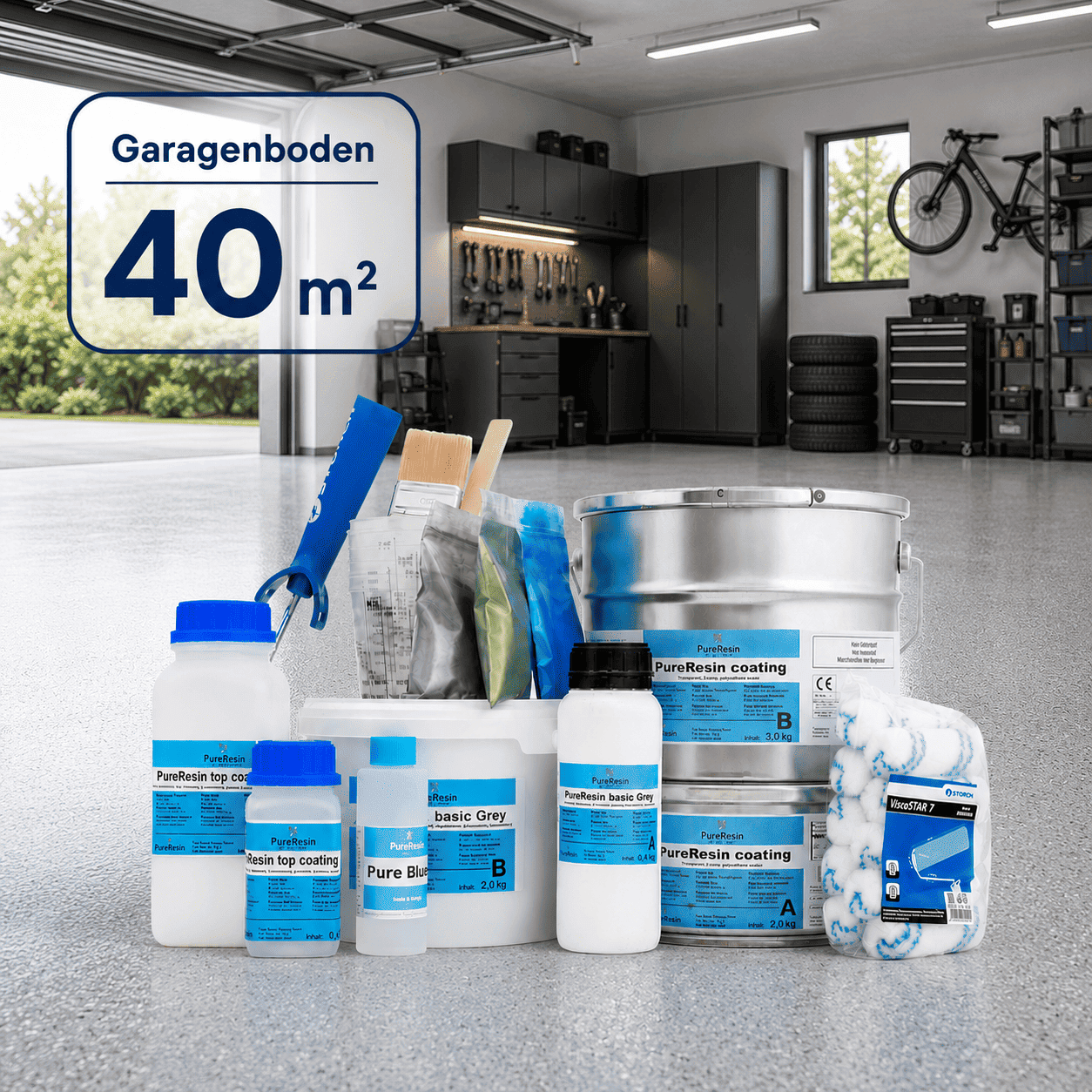 Komplettset für eine 40 m² Garage mit Epoxidharz, Pigmenten, Werkzeug und Zubehör. Im Hintergrund ist eine moderne Garage zu sehen.