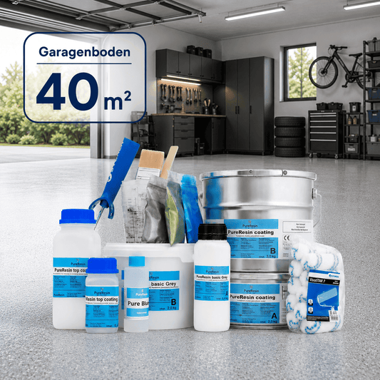 Komplettset für eine 40 m² Garage mit Epoxidharz, Pigmenten, Werkzeug und Zubehör. Im Hintergrund ist eine moderne Garage zu sehen.