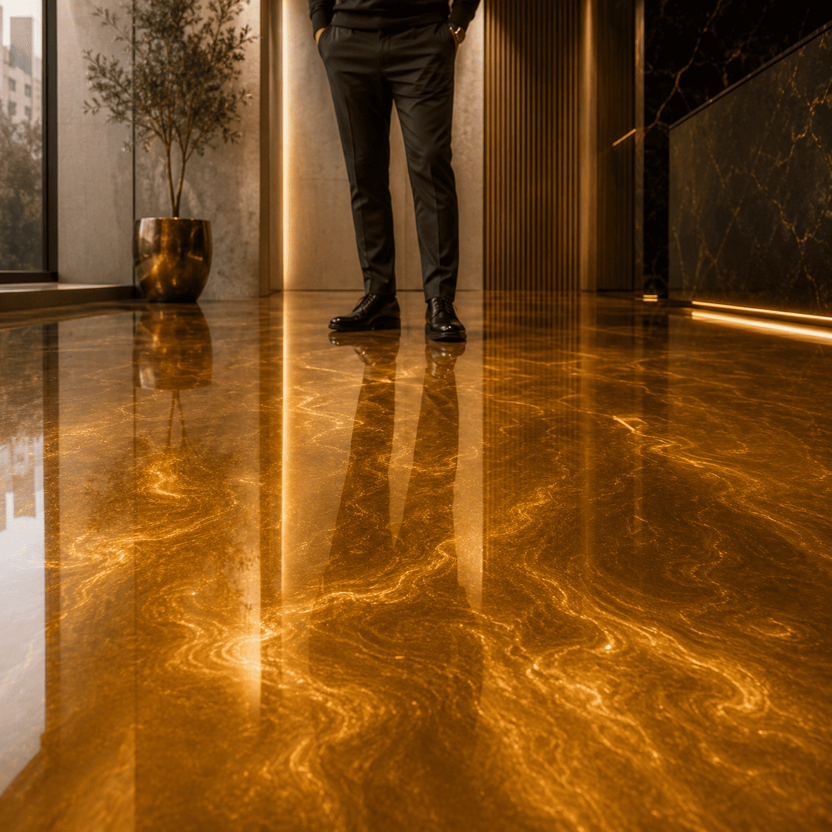 Satin Gold UV Metallic-Epoxidharz-Boden mit edler Goldoptik, luxuriöser Marmorstruktur, brillantem Perleffekt, hochglänzender Oberfläche und beeindruckender Spiegelreflexion – präsentiert im modernen Innenraum mit außergewöhnlicher Tiefenwirkung.