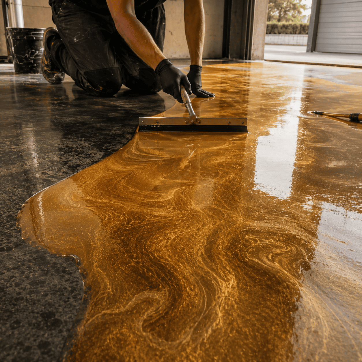 Ein Mann streicht einen Beton Boden in goldener Farbe mit einem Farbroller