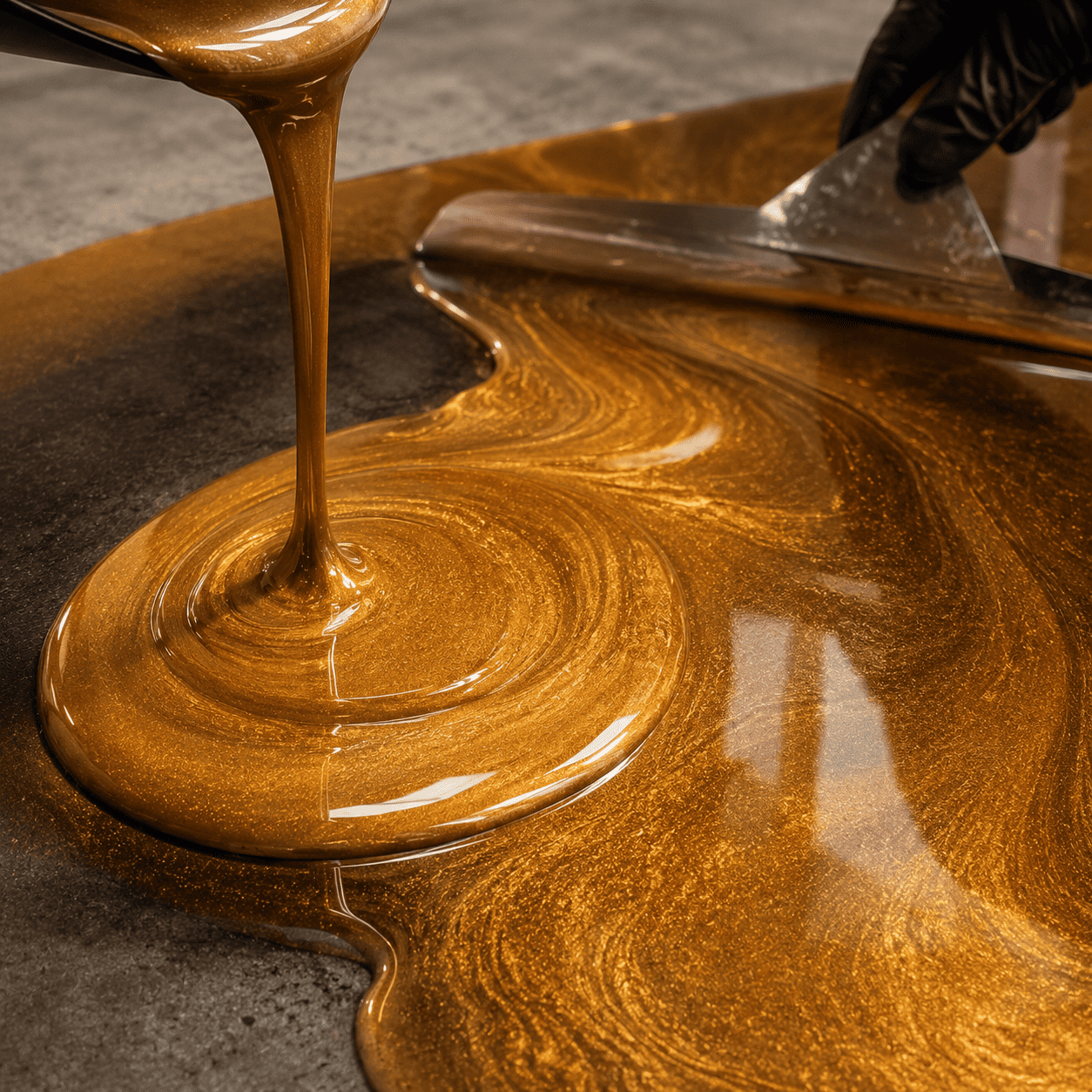 Gold gefärbtes Harz wird aus einem Eimer auf einen Beton Boden gegossen