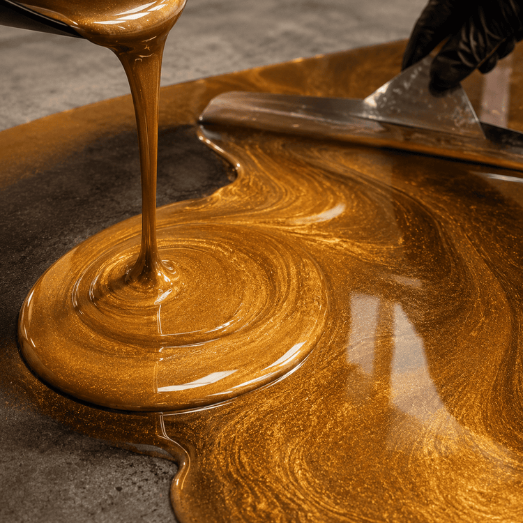 Gold gefärbtes Harz wird aus einem Eimer auf einen Beton Boden gegossen