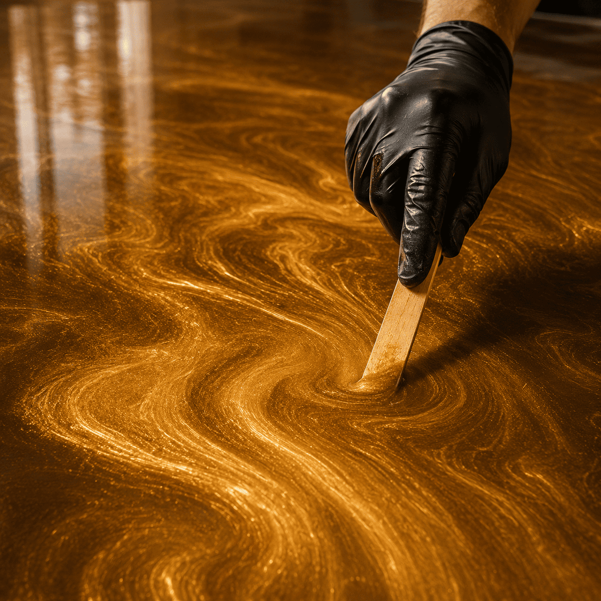 Satin Gold UV Metallic-Epoxidharz wird mit einem Holzspatel zu einer luxuriösen Marmorstruktur mit brillantem Perleffekt, intensivem Goldschimmer und faszinierender Tiefenwirkung gestaltet.