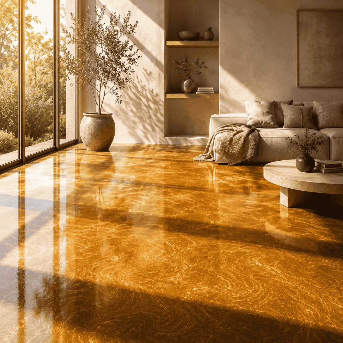 Satin Gold UV Metallic-Epoxidharz-Boden mit edler Goldoptik, luxuriöser Marmorstruktur, brillantem Perleffekt, hochglänzender Oberfläche und beeindruckender Spiegelreflexion im lichtdurchfluteten modernen Wohnbereich.