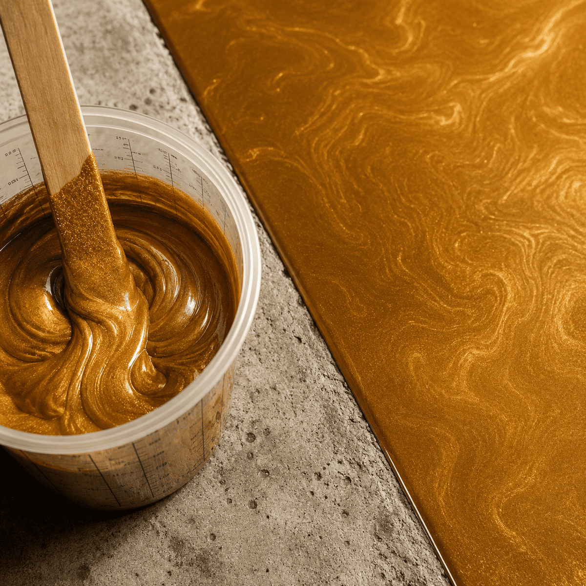 Satin Gold UV Metallic-Epoxidharz im Mischbecher neben einer fertigen Musterplatte mit edler Goldoptik, luxuriöser Marmorstruktur, brillantem Perleffekt und hochglänzender Tiefenwirkung.