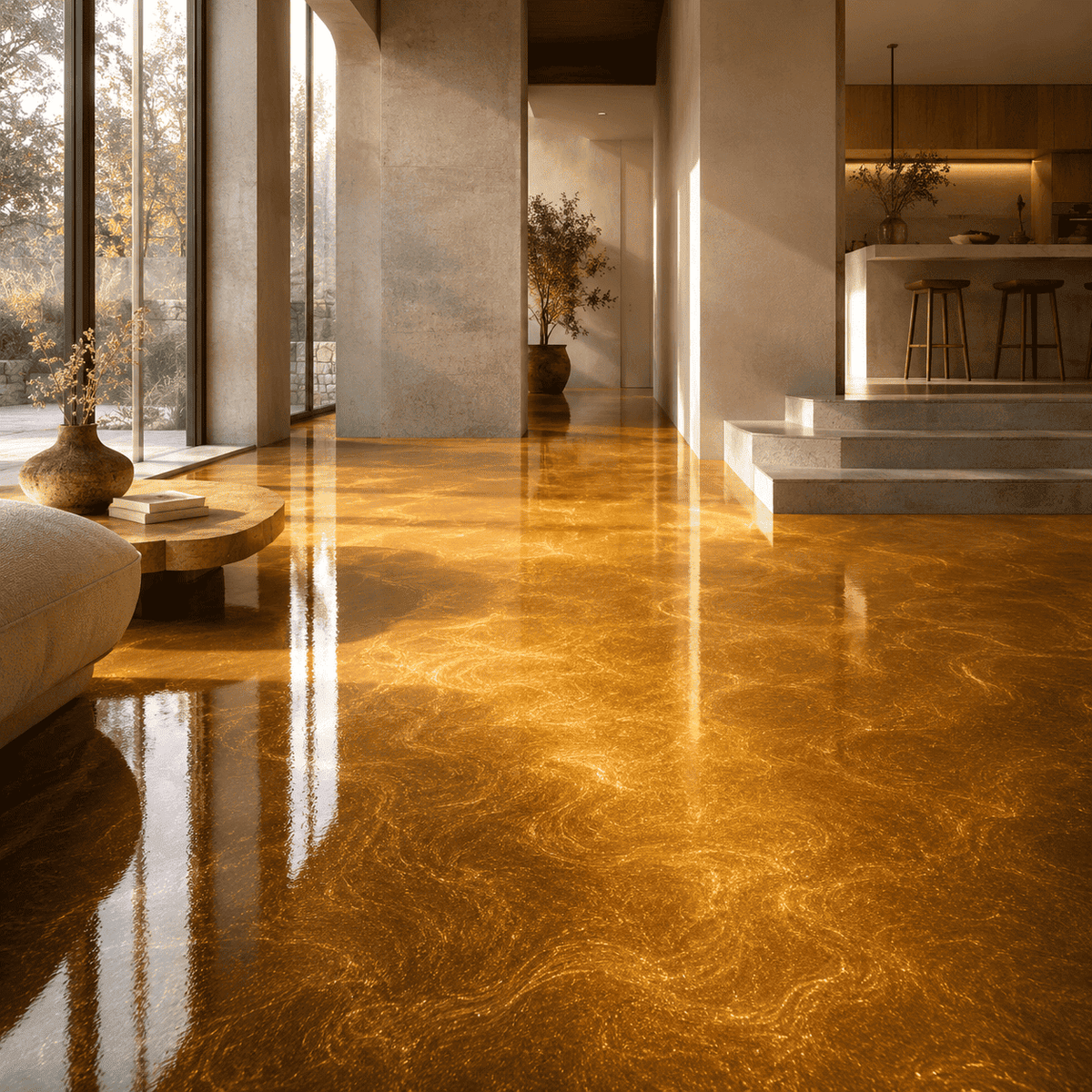 Satin Gold UV Metallic-Epoxidharz-Boden mit edler Goldoptik, luxuriöser Marmorstruktur, brillantem Perleffekt, hochglänzender Oberfläche und beeindruckender Spiegelreflexion im lichtdurchfluteten modernen Wohnbereich.