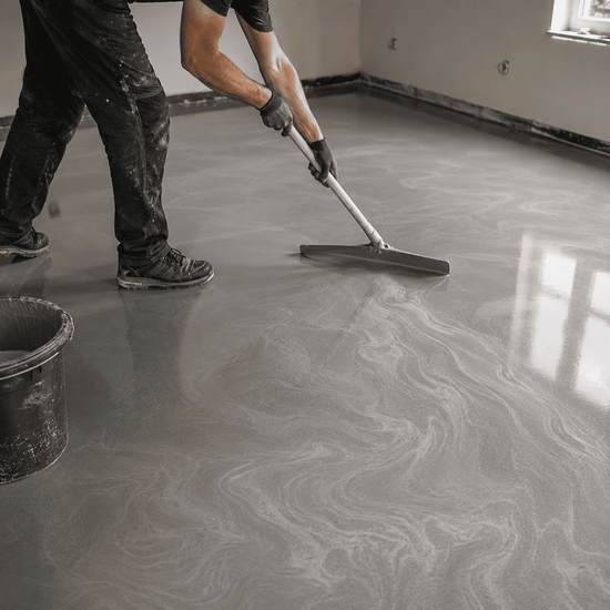 Ein Mann streicht einen Beton Boden in weißer Farbe mit einem Farbroller