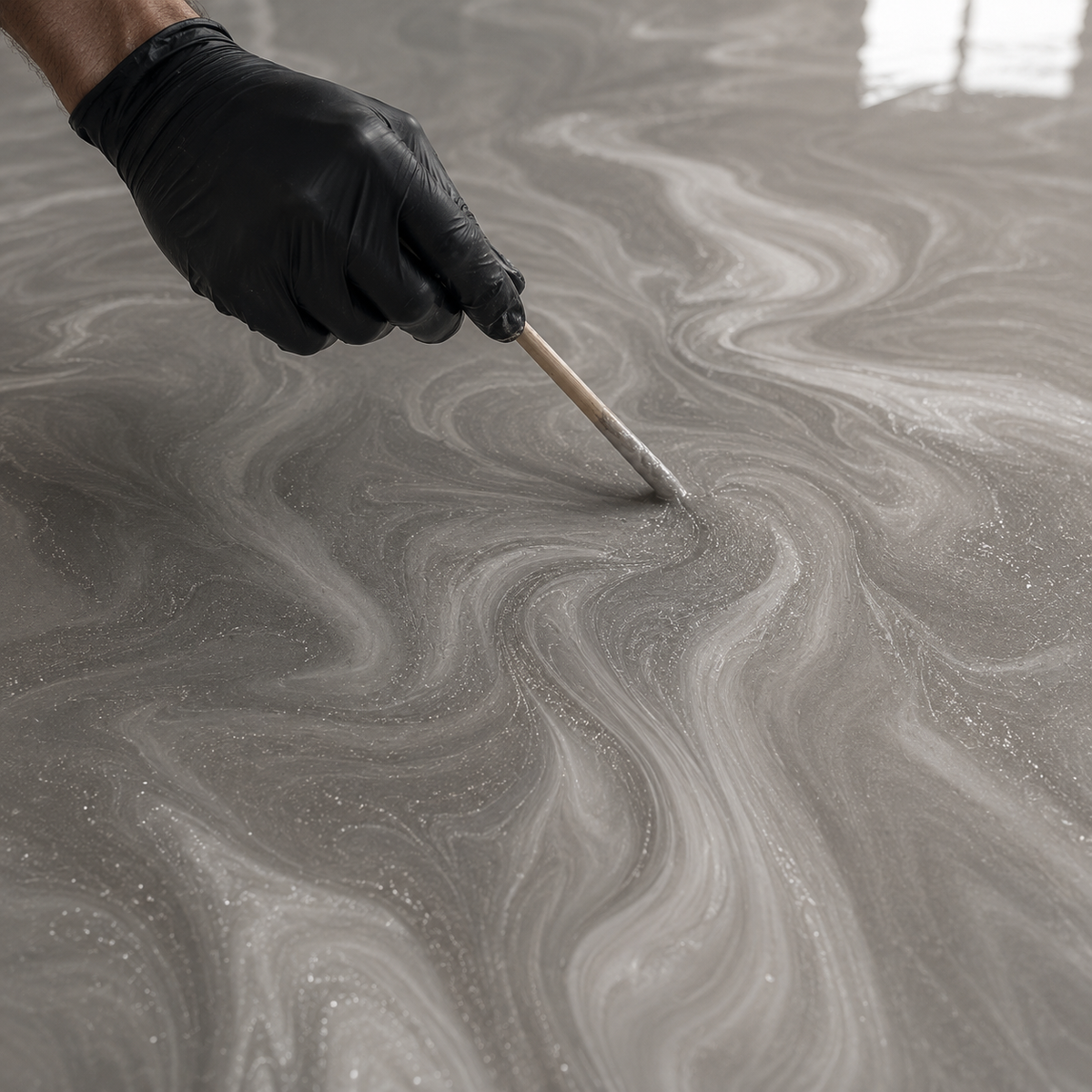 Fine Silk UV Metallic-Epoxidharz wird mit einem Holzspatel zu einer eleganten Marmorstruktur mit feinem Perleffekt, seidigem Schimmer und faszinierender Tiefenwirkung gestaltet.