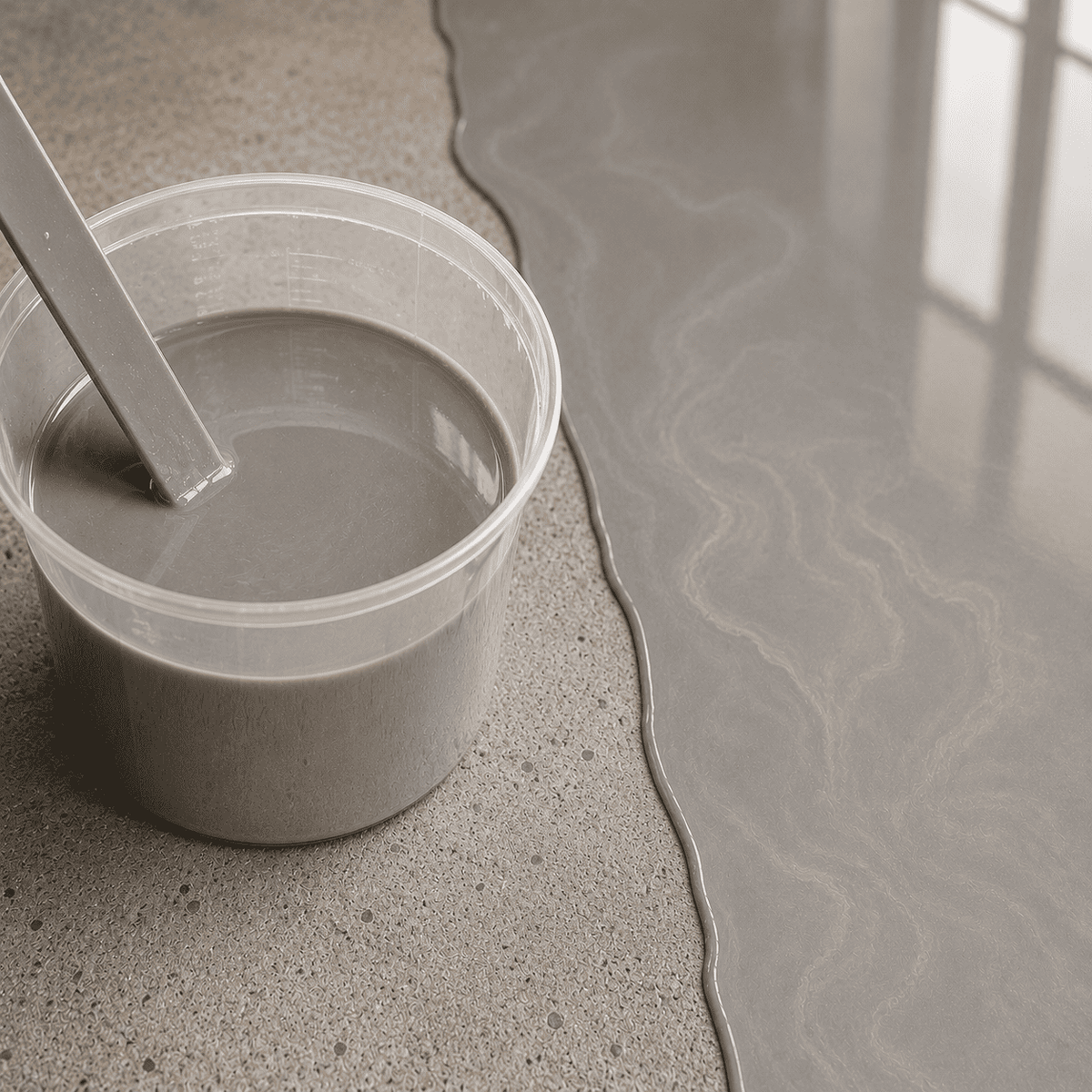 Fine Silk UV Metallic-Epoxidharz im Mischbecher neben einer frisch beschichteten Betonfläche mit edler Seidenoptik, dezentem Perleffekt, feiner Marmorstruktur und hochglänzender Oberfläche.