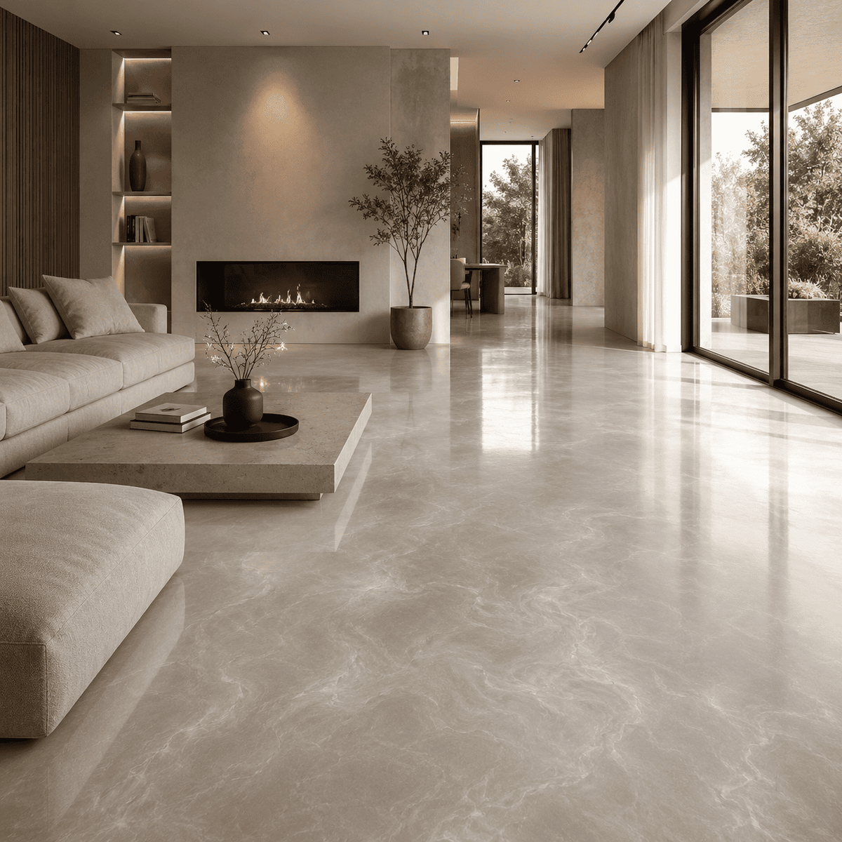 Fine Silk UV Metallic-Epoxidharz-Boden mit edler Seidenoptik, eleganter Marmorstruktur, dezentem Perleffekt, hochglänzender Oberfläche und beeindruckender Spiegelreflexion im exklusiven modernen Wohnbereich.