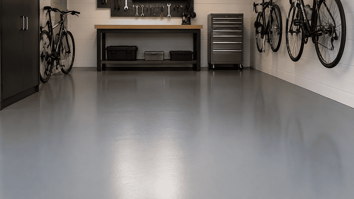 Garage mit fugenlosem grauem Epoxidharzboden, Werkbank, Werkzeugwand und Fahrrädern für einen cleanen, funktionalen Look