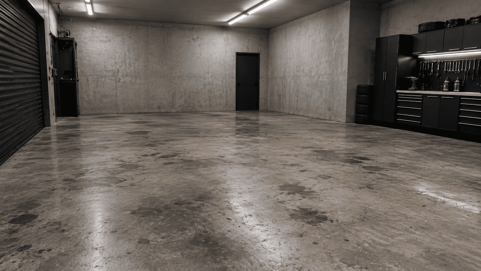 Leere Garage mit unbehandeltem Betonboden und Werkstatteinrichtung vor der Beschichtung mit Epoxidharz-Designboden