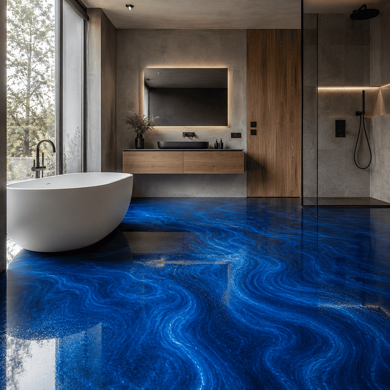 Badezimmer mit einem blauen Boden