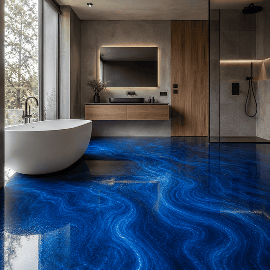 Badezimmer mit einem blauen Boden