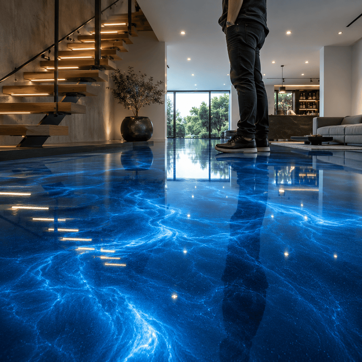 Blauer Metallic-Epoxidharz-Boden mit hochglänzender Marmorstruktur