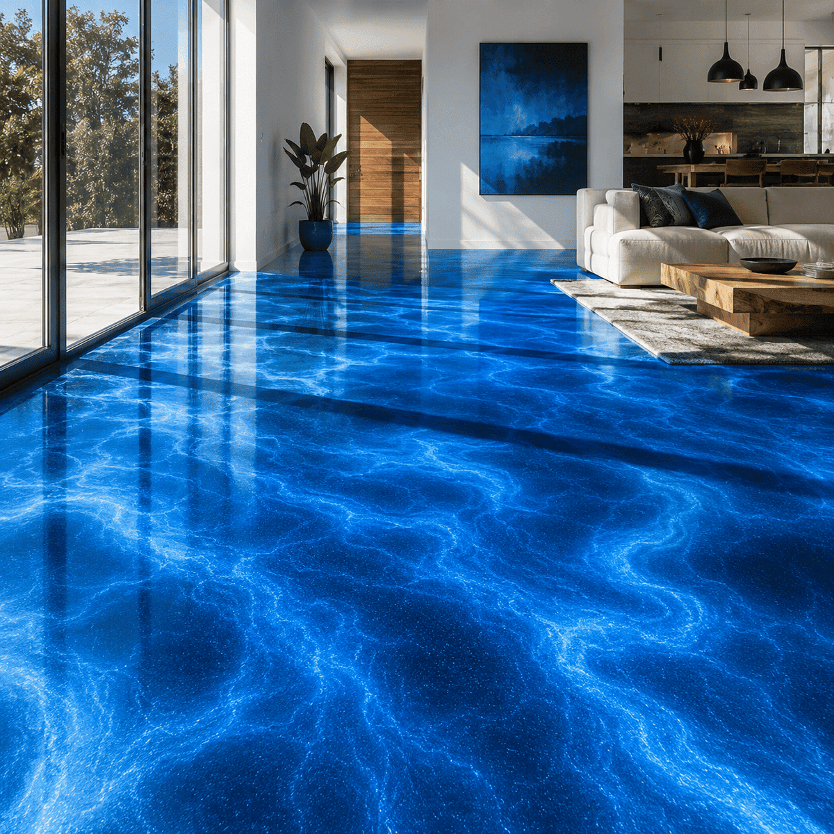 Blauer Metallic-Epoxidharz-Boden im hellen Wohnbereich mit Marmorstruktur