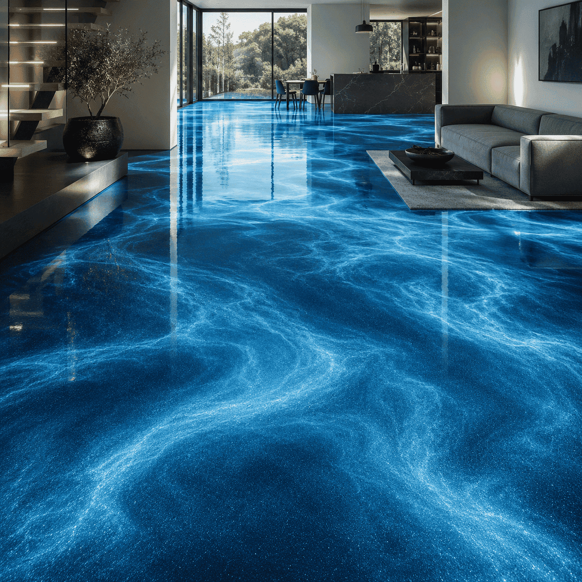 Blauer Metallic-Epoxidharz-Boden im modernen Wohnbereich mit Marmorstruktur