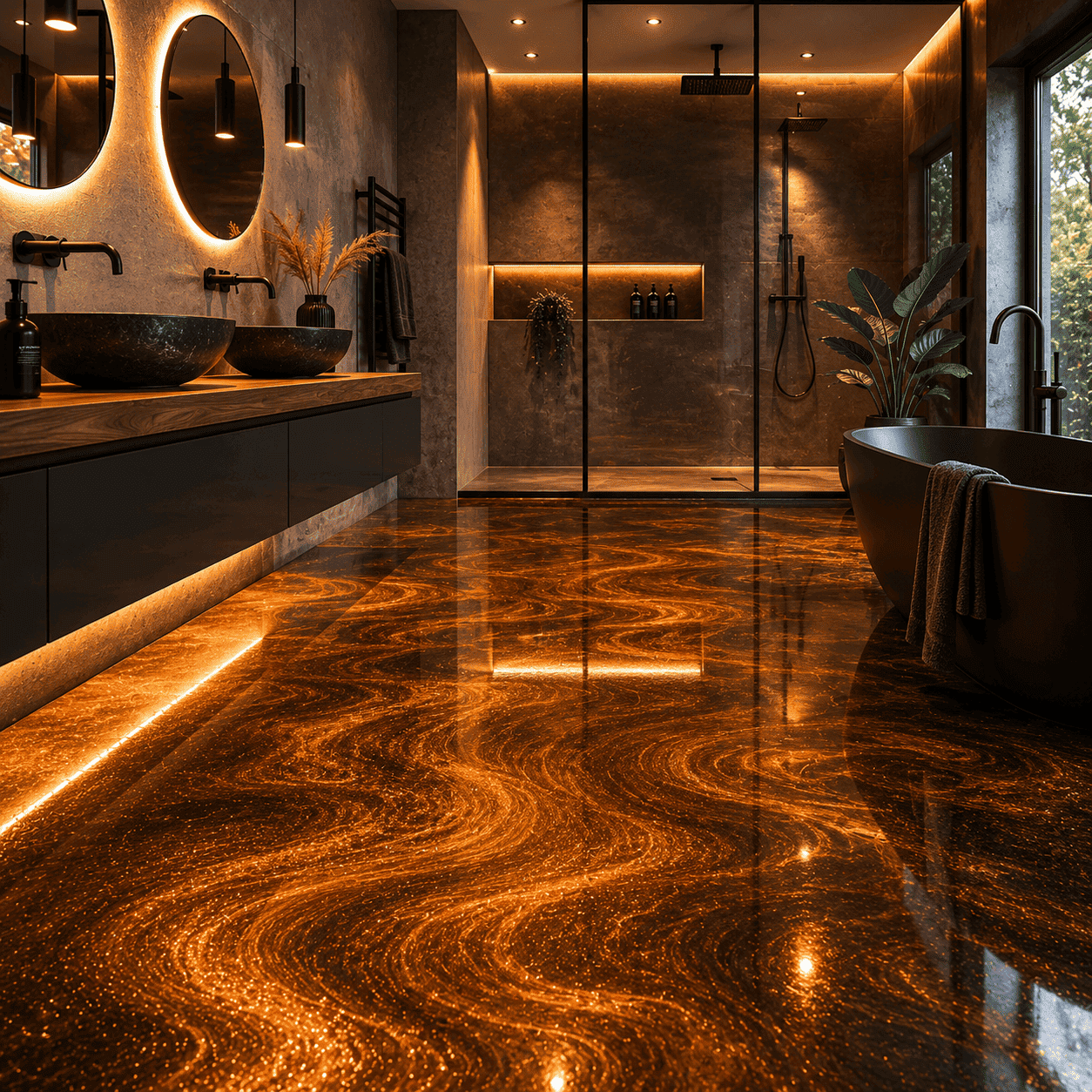 Orange Goldenes Badezimmer mit Dusche