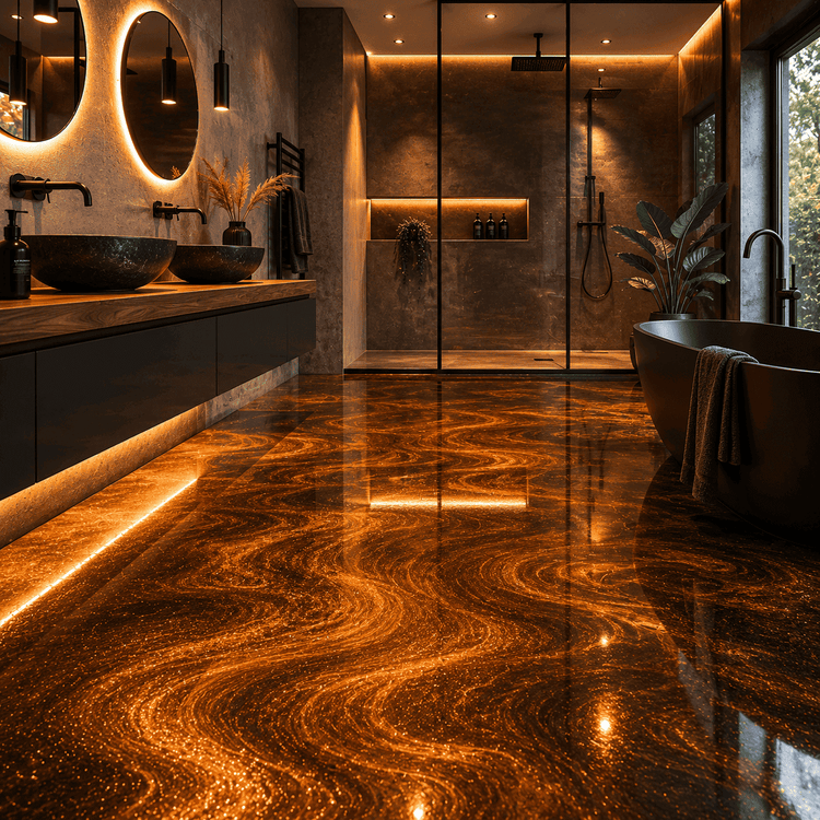 Orange Goldenes Badezimmer mit Dusche