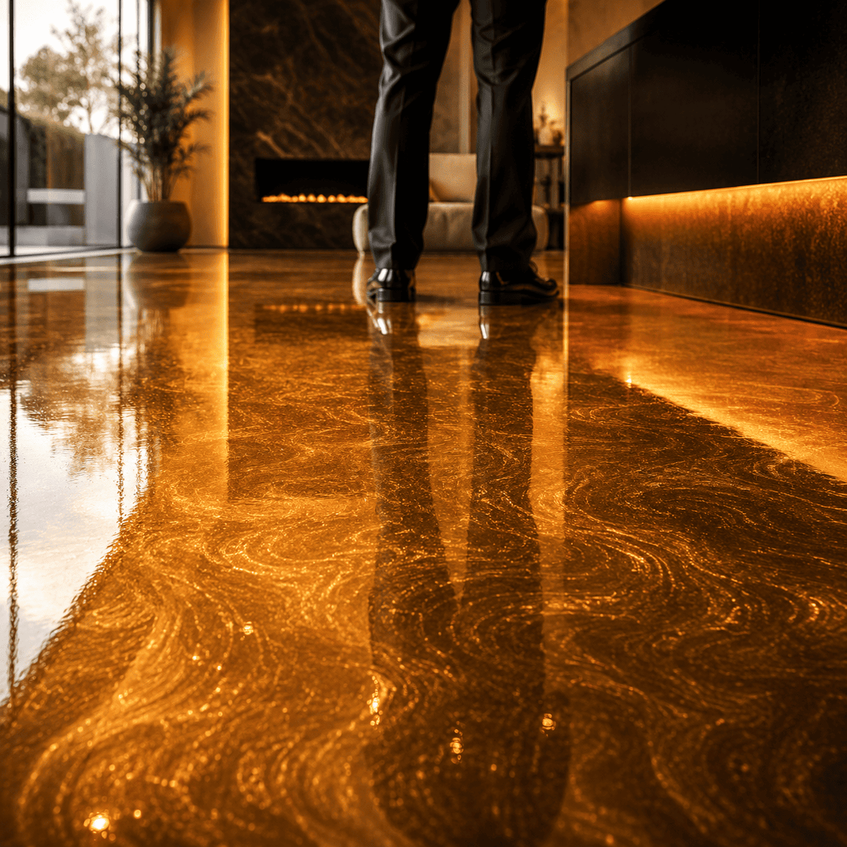 Goldener Metallic-Epoxidharz-Boden mit hochglänzender Marmorstruktur