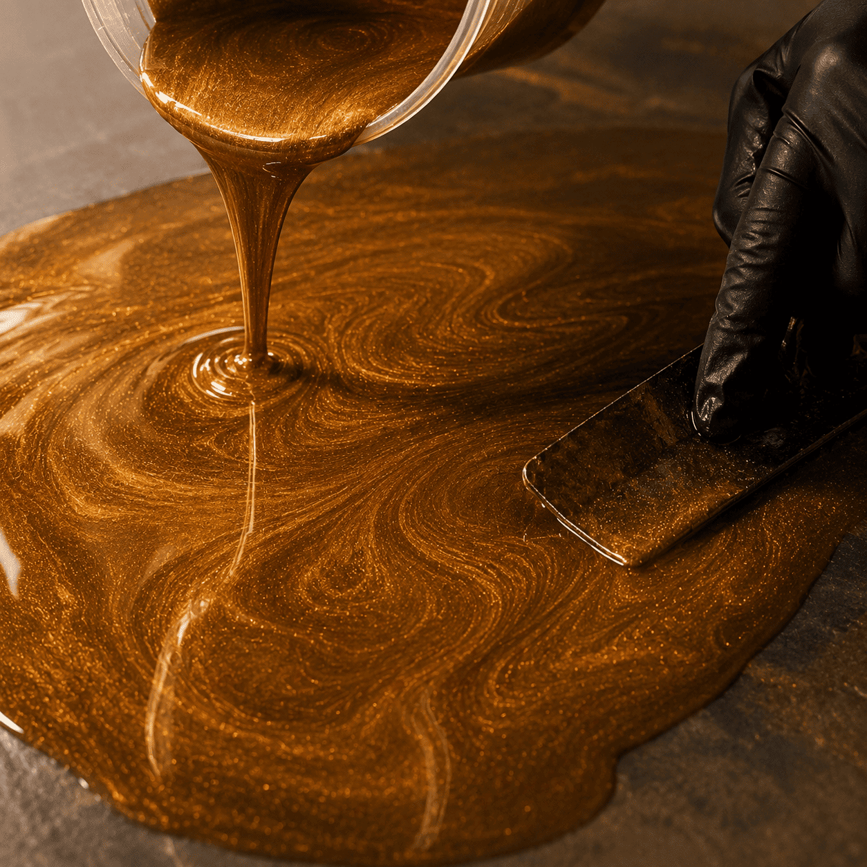 Orange Gold gefärbtes Harz wird aus einem Eimer auf den Boden gegossen