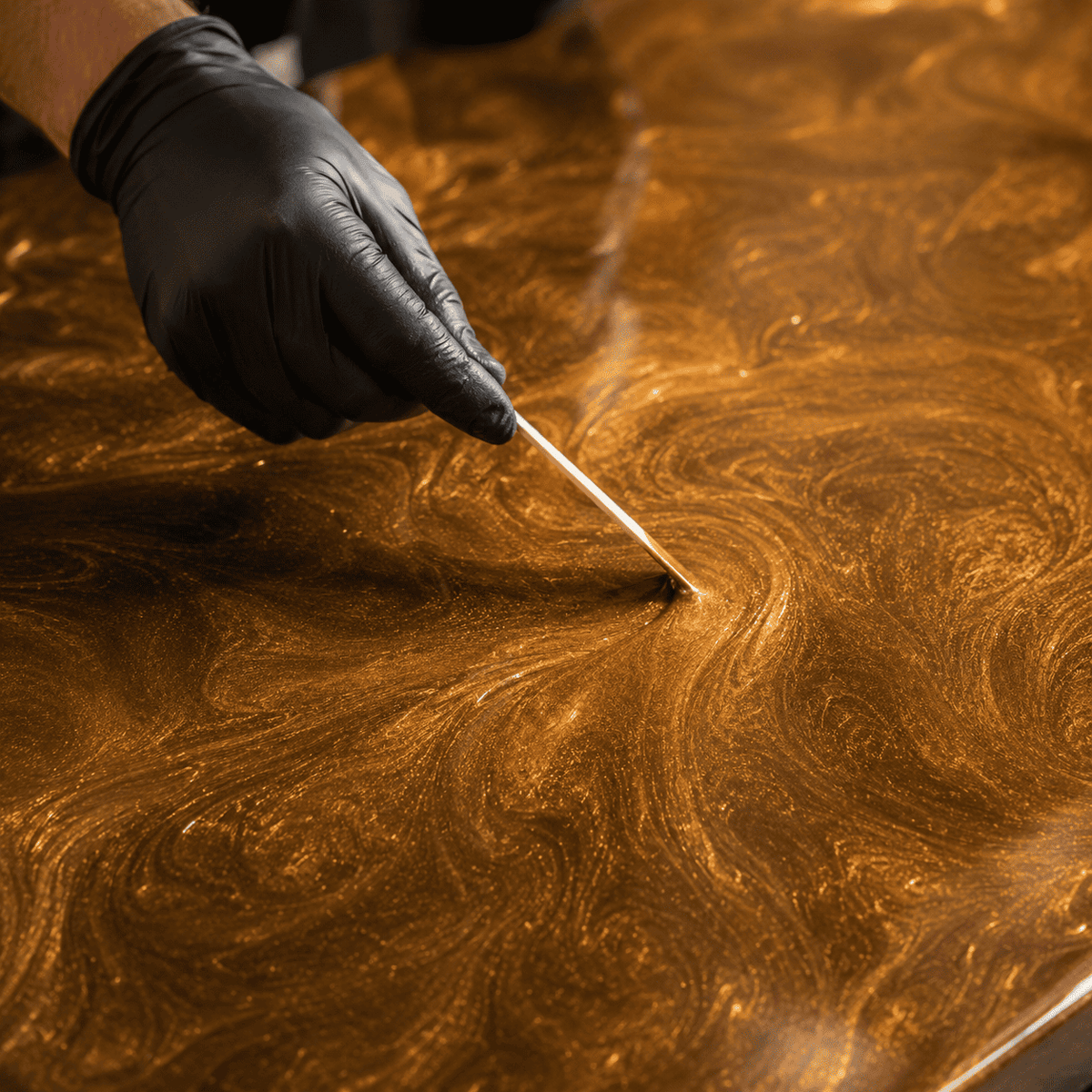 Goldenes Metallic-Epoxidharz wird mit Holzstab zur Marmorstruktur gestaltet