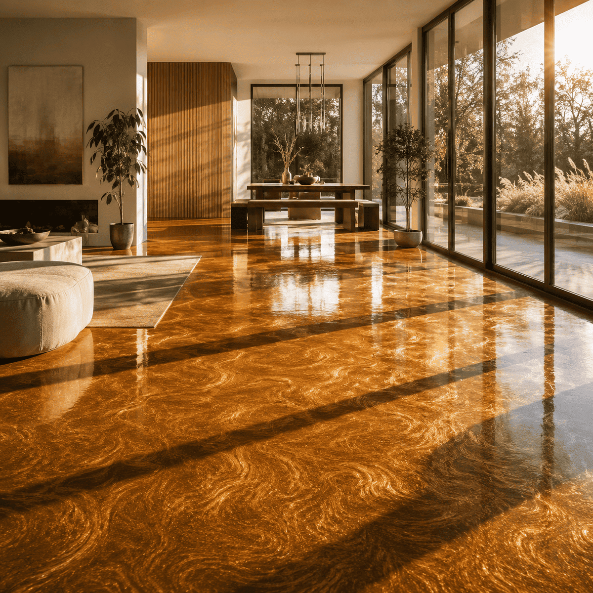 Goldener Metallic-Epoxidharz-Boden im Wohnbereich mit glänzender Marmorstruktur