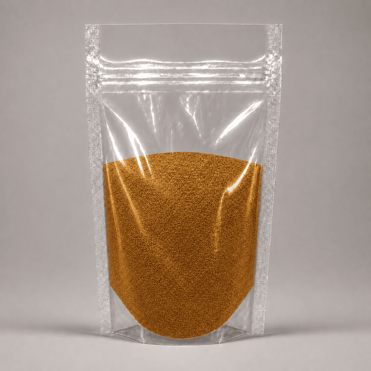 Orange Goldenes Pulver in durchsichtiger Plastik Verpackung