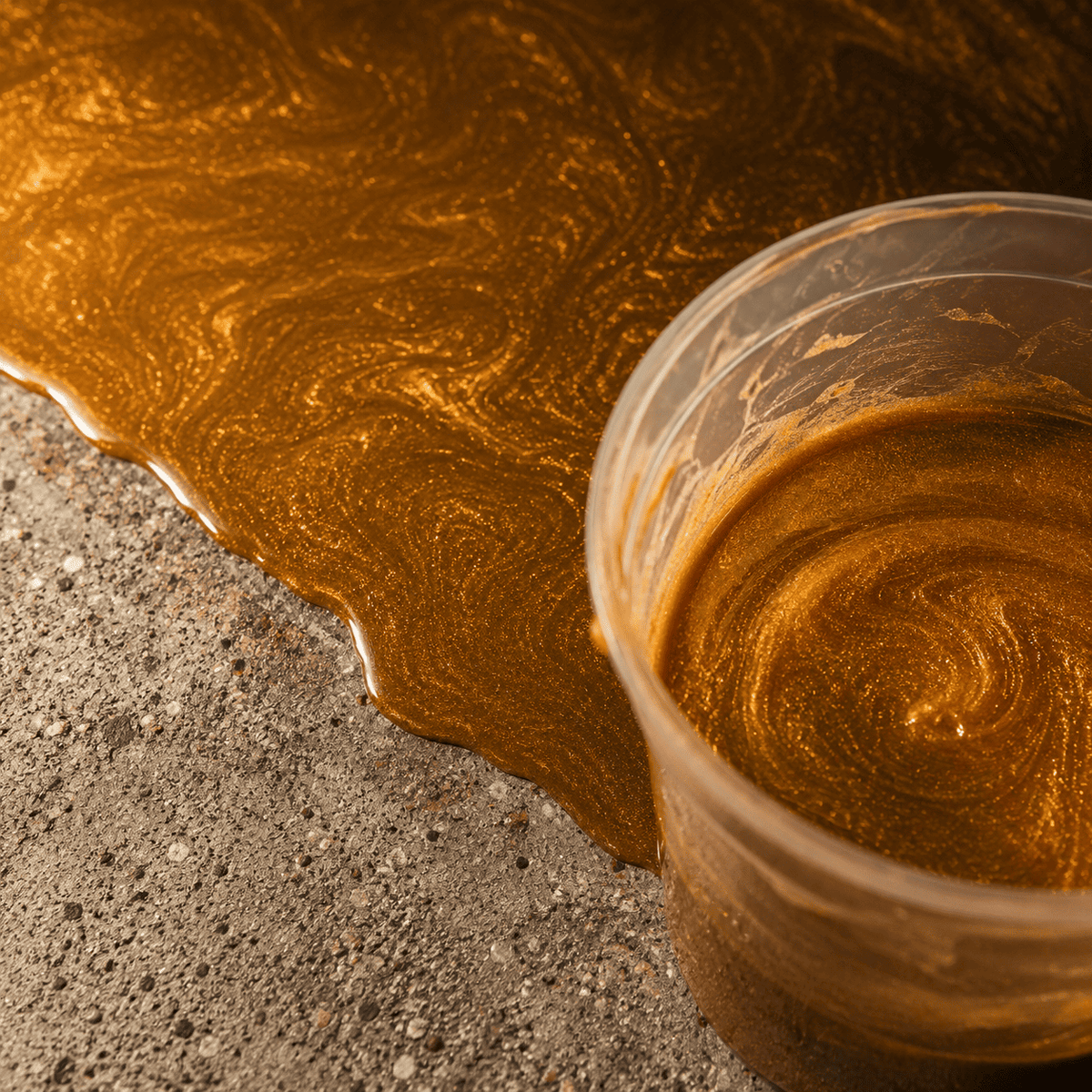 Goldenes Metallic-Epoxidharz im Mischbecher und auf Betonboden aufgetragen