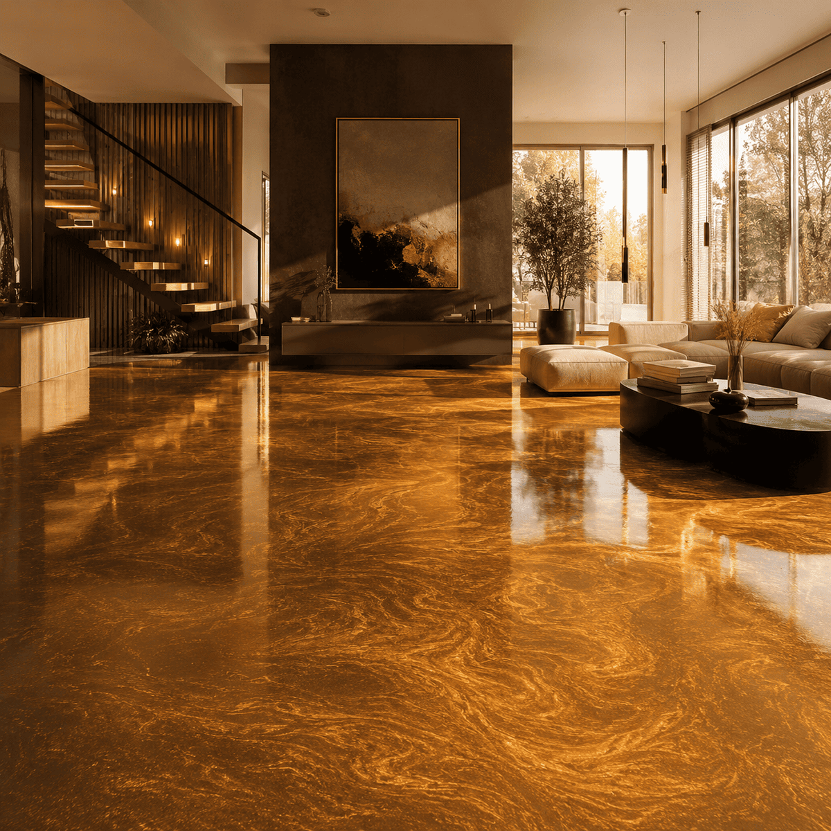 Goldener Metallic-Epoxidharz-Boden im luxuriösen Wohnzimmer mit Marmorstruktur