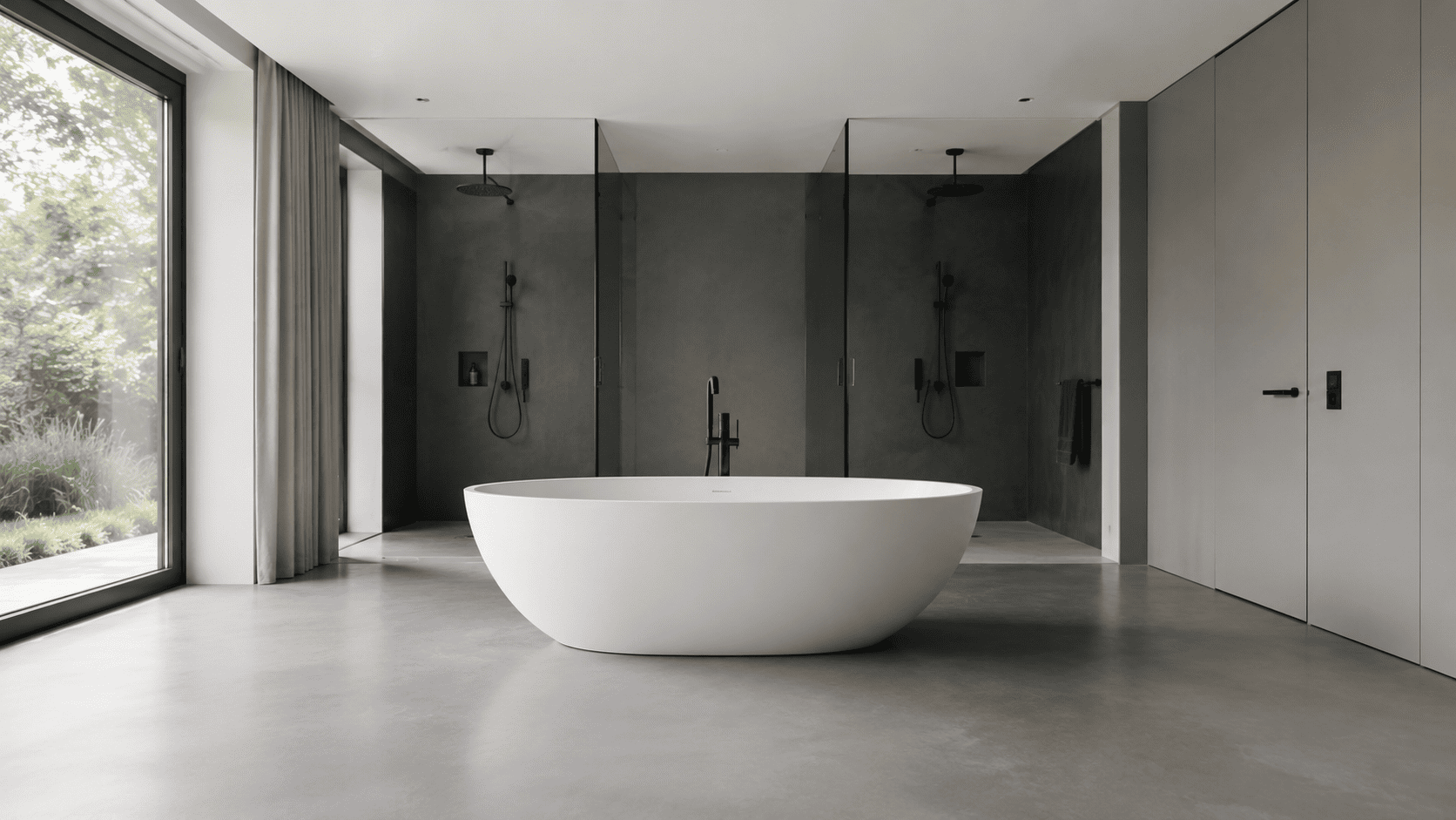 Modernes Badezimmer mit fugenlosem grauem Designboden, freistehender Badewanne, Walk-in-Dusche und minimalistischer Einrichtung