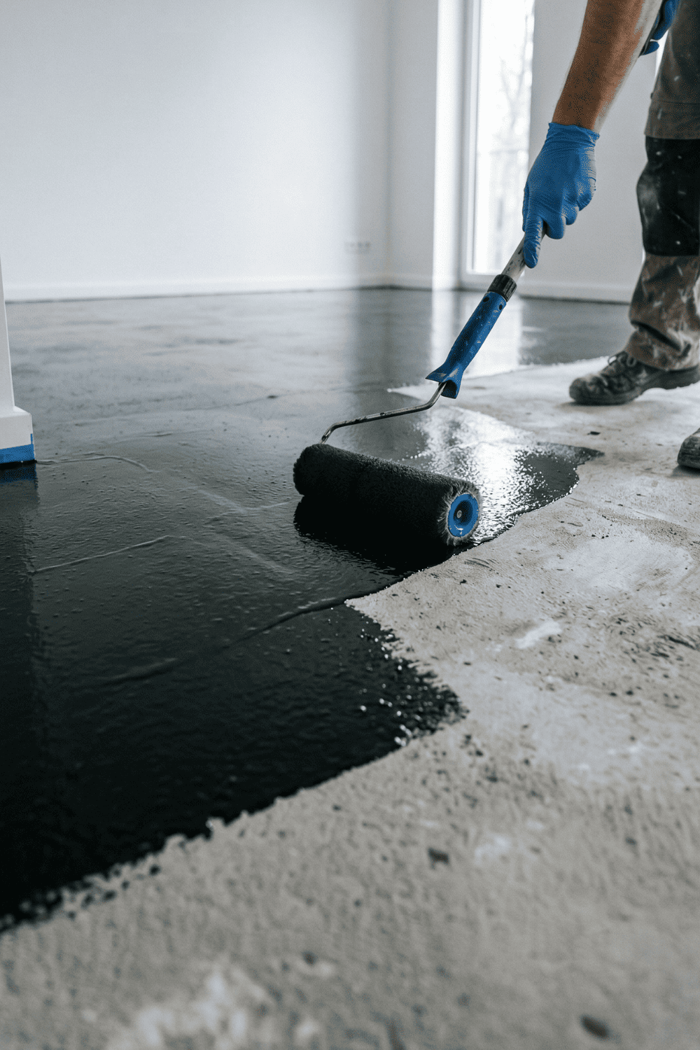 Schwarze Epoxidharz-Grundierung wird mit einer Farbrolle gleichmäßig auf einen vorbereiteten Betonboden für optimale Haftung aufgetragen.