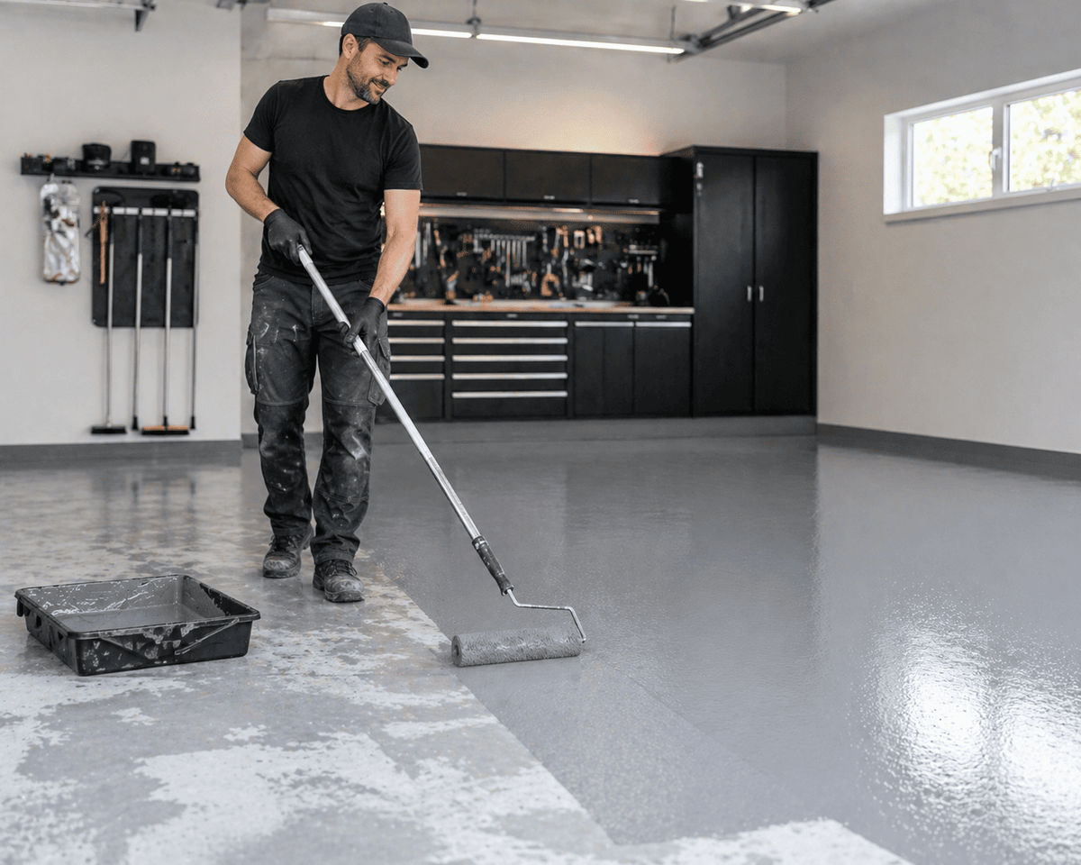 Graue Epoxidharz-Grundierung wird mit einer Farbrolle gleichmäßig auf den vorbereiteten Betonboden aufgetragen und bildet eine geschlossene, haftstarke Basis für einen langlebigen Metallic-Epoxidharz-Boden oder eine dekorative Epoxidharz-Beschichtung.