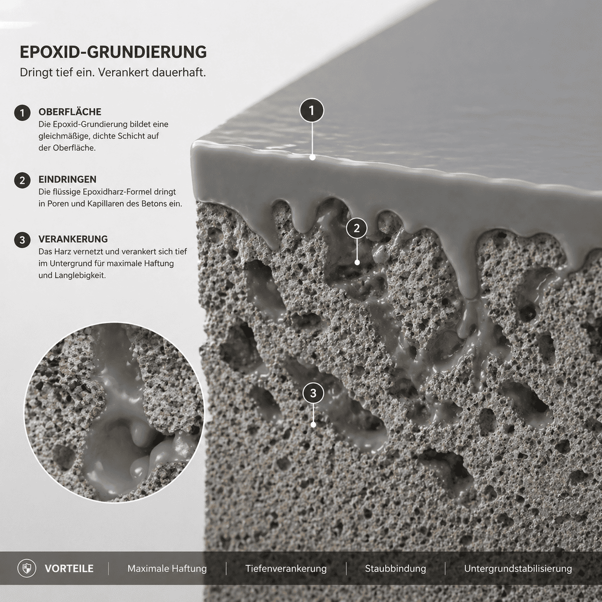 Infografik: Epoxidharz-Grundierung dringt tief in die Poren und Kapillaren des Betonuntergrunds ein, verankert sich dauerhaft im Material und schafft eine geschlossene, haftstarke Basis für langlebige Epoxidharz- und Metallic-Bodensysteme mit maximaler Haftung und Untergrundstabilisierung.