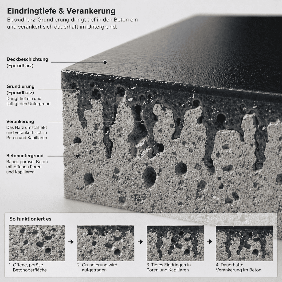 Infografik: So funktioniert eine Epoxidharz-Grundierung – anschauliche Darstellung der tiefen Eindringtiefe in den Beton, der dauerhaften Verankerung in Poren und Kapillaren sowie des optimalen Schichtaufbaus als Grundlage für einen langlebigen Metallic-Epoxidharz-Boden.