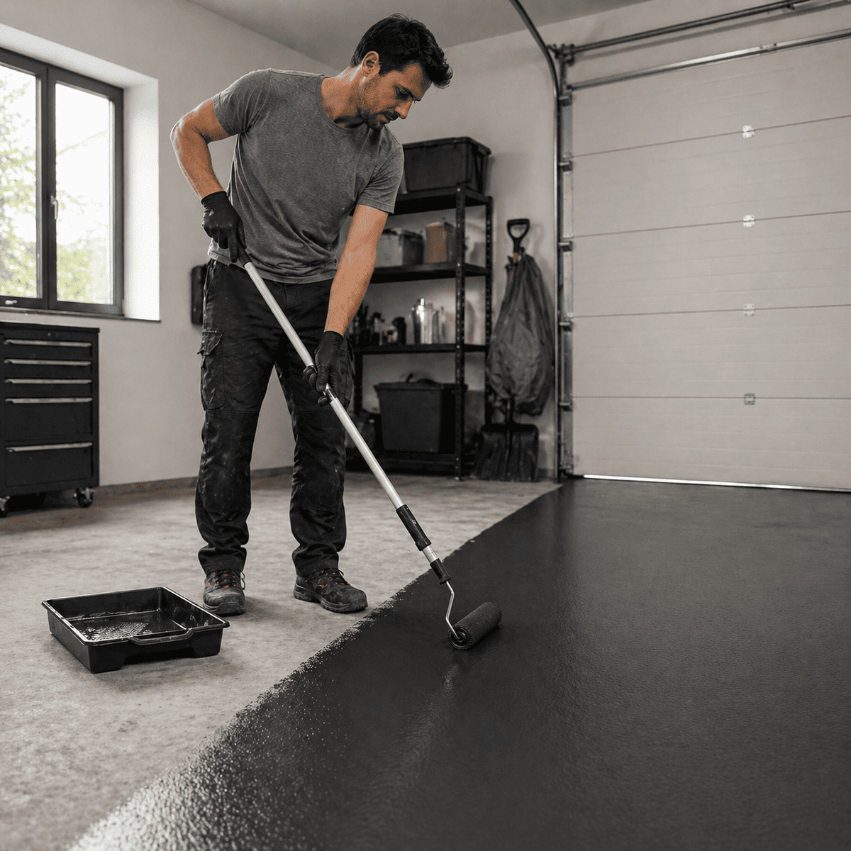 Schwarze Epoxidharz-Grundierung wird mit einer Farbrolle gleichmäßig auf den vorbereiteten Betonboden aufgetragen und schafft die ideale Haftgrundlage für einen langlebigen Metallic-Epoxidharz-Boden.